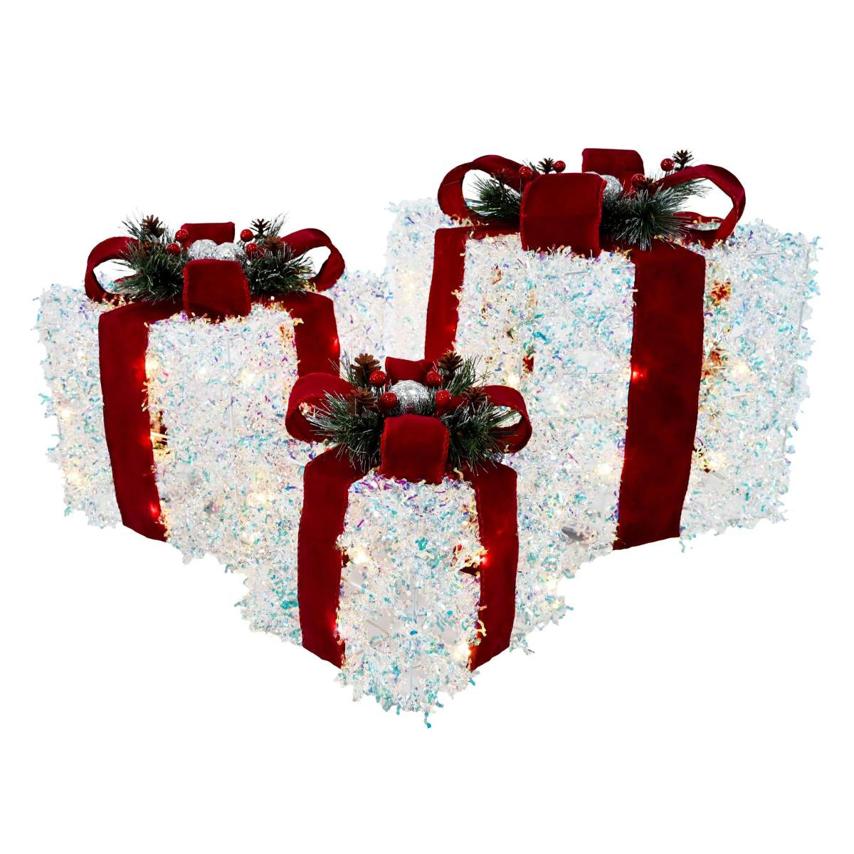 Iridescent Tinsel Present Set with Burgundy Bow