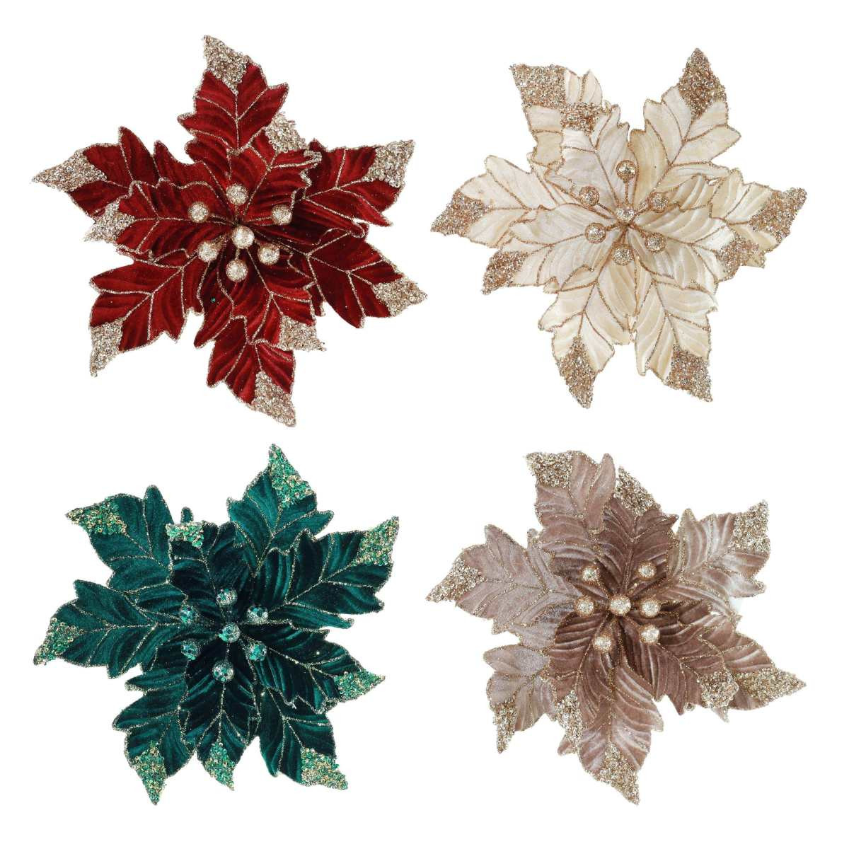 Velvet Glittered Poinsettia Clip (4 Styles)