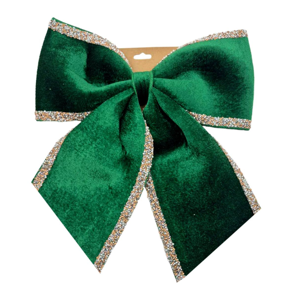 Emerald Green Velvet Decorative Bow with Sparkling Gold Silver Sequin Trim