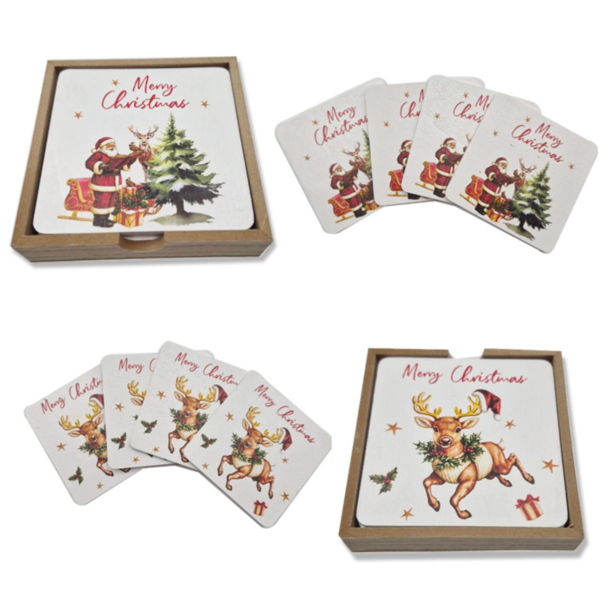 Wooden Christmas Coaster Set with Holder -Pack of 4, 2 Styles