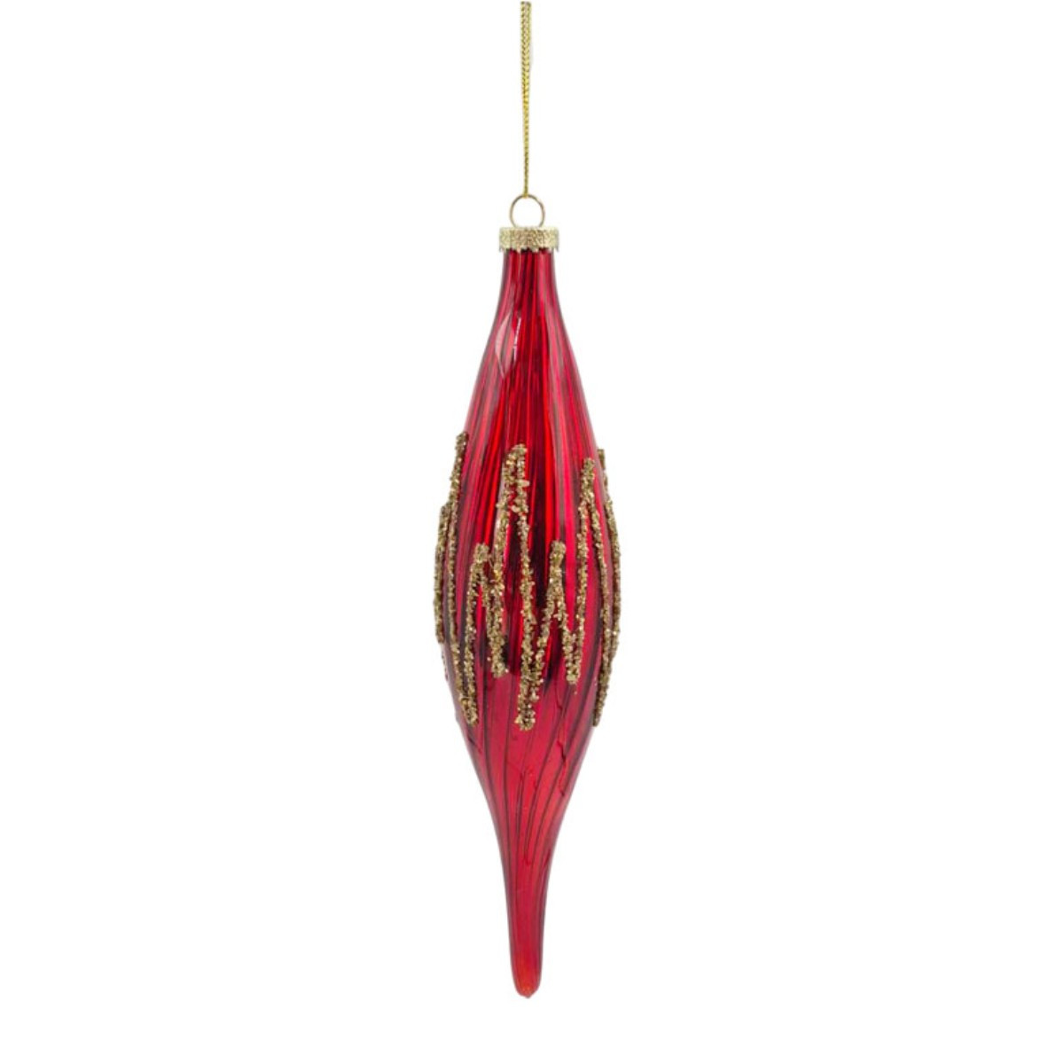 Fluted Red Glass Icicle Drop Bauble with Sparkling Gold Glitter