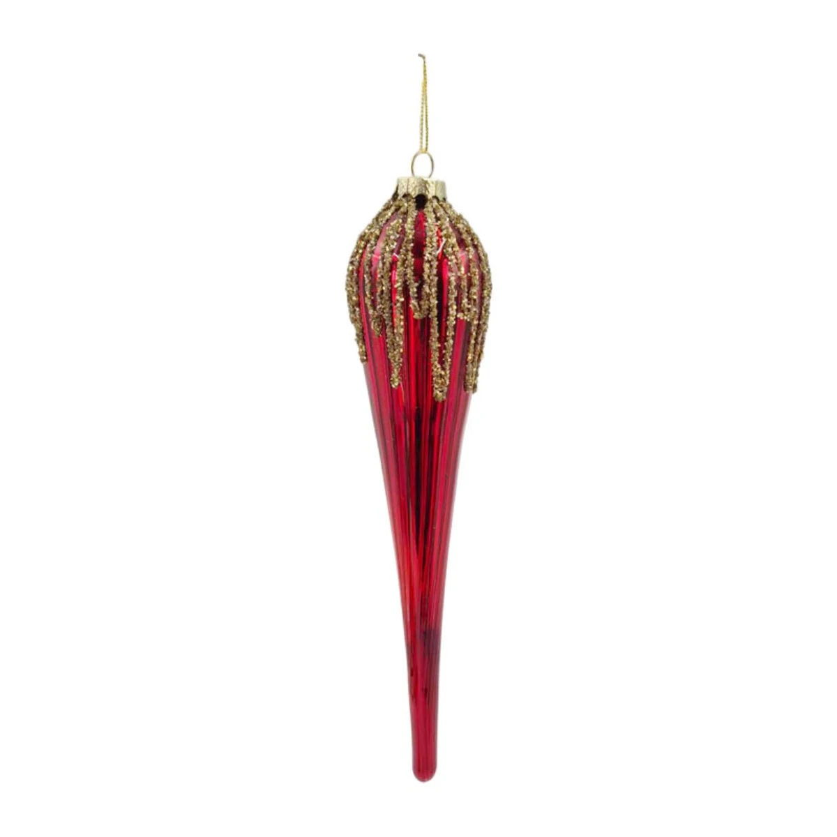 Metallic Red Glass Teardrop Ornament with Gold Glitter