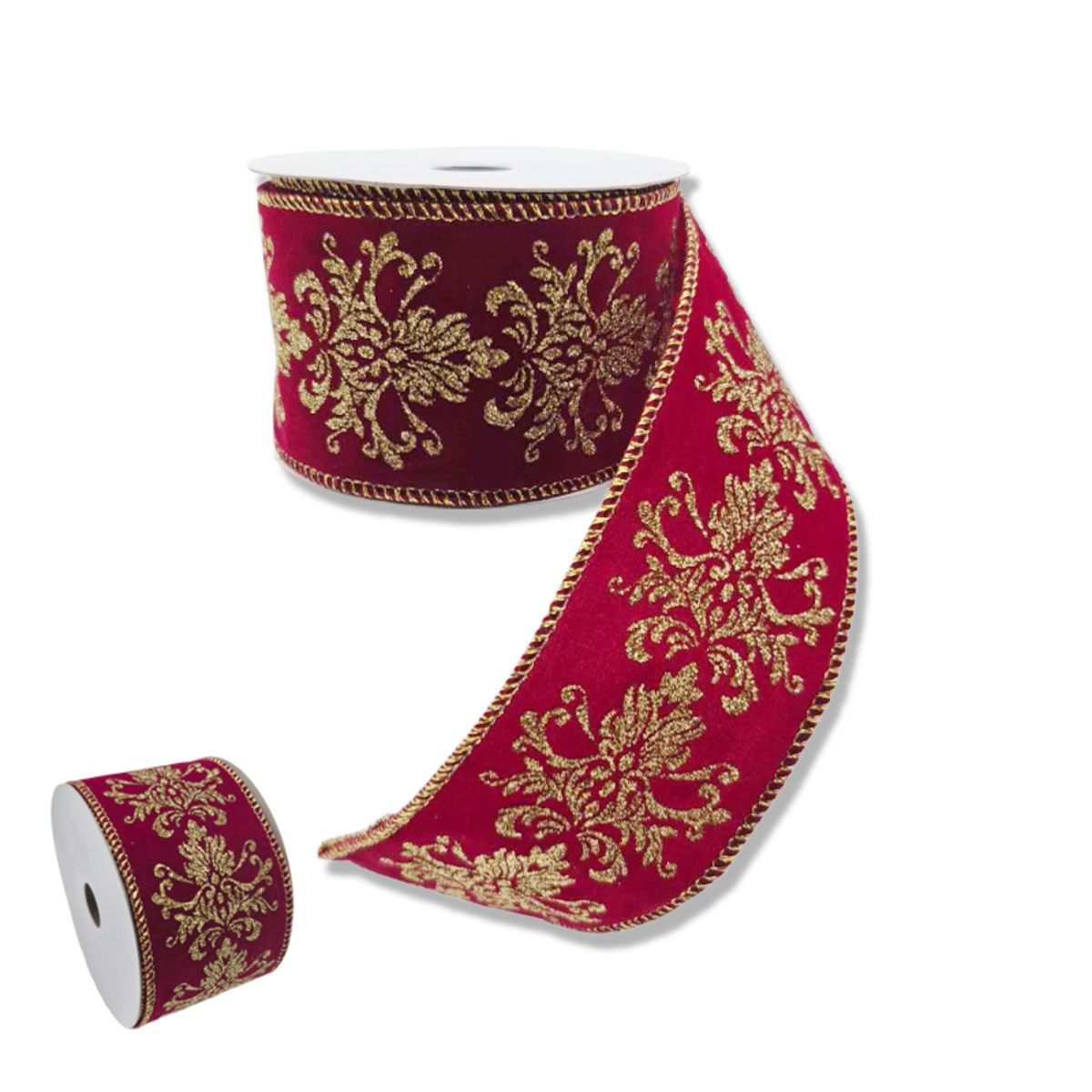 Crimson Red Christmas Ribbon Roll with Gold Glitter Pattern