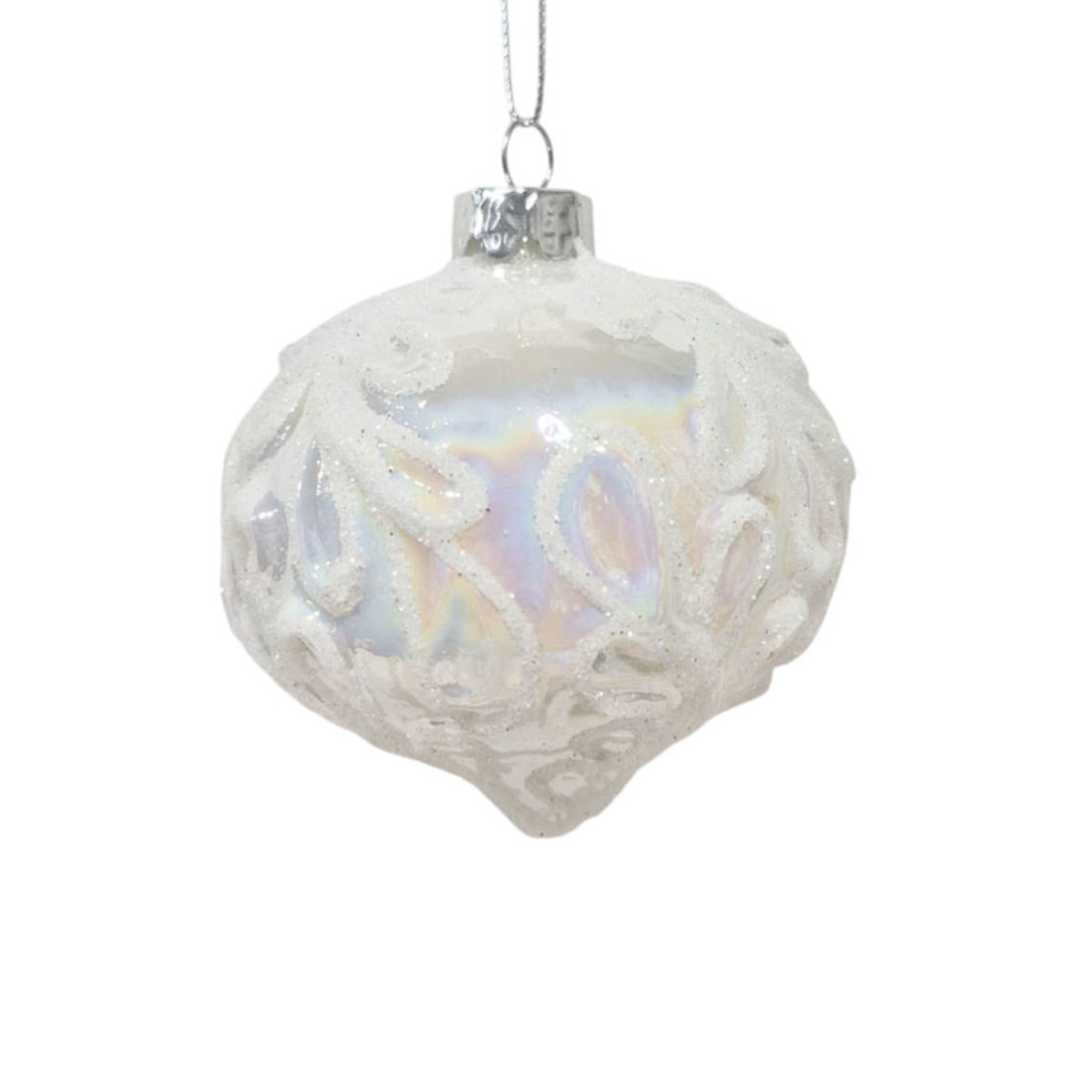 White Pearlised Glass Christmas Bauble with Glitter Filigree