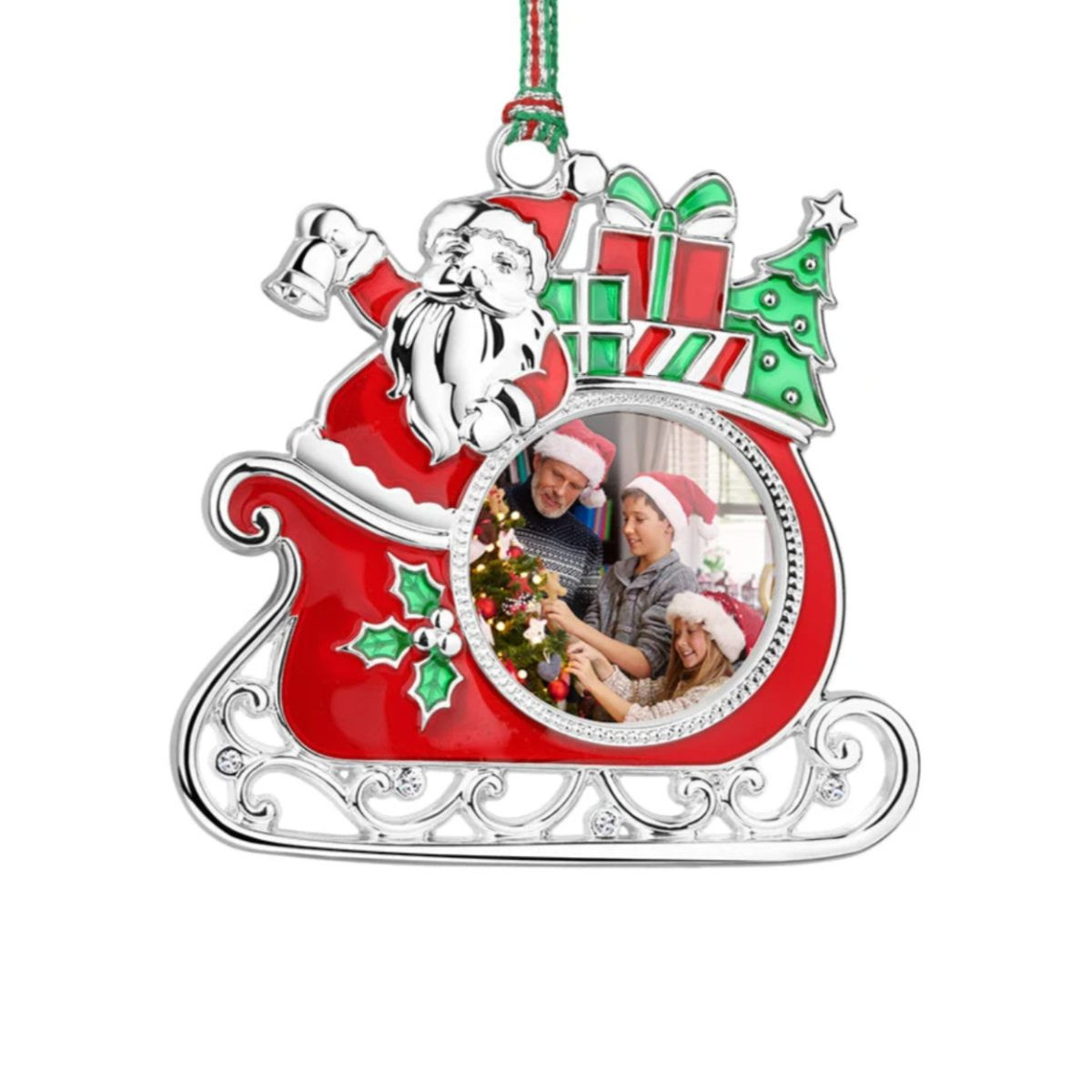 Silver & Enamel Santa Sleigh Photo Frame Ornament