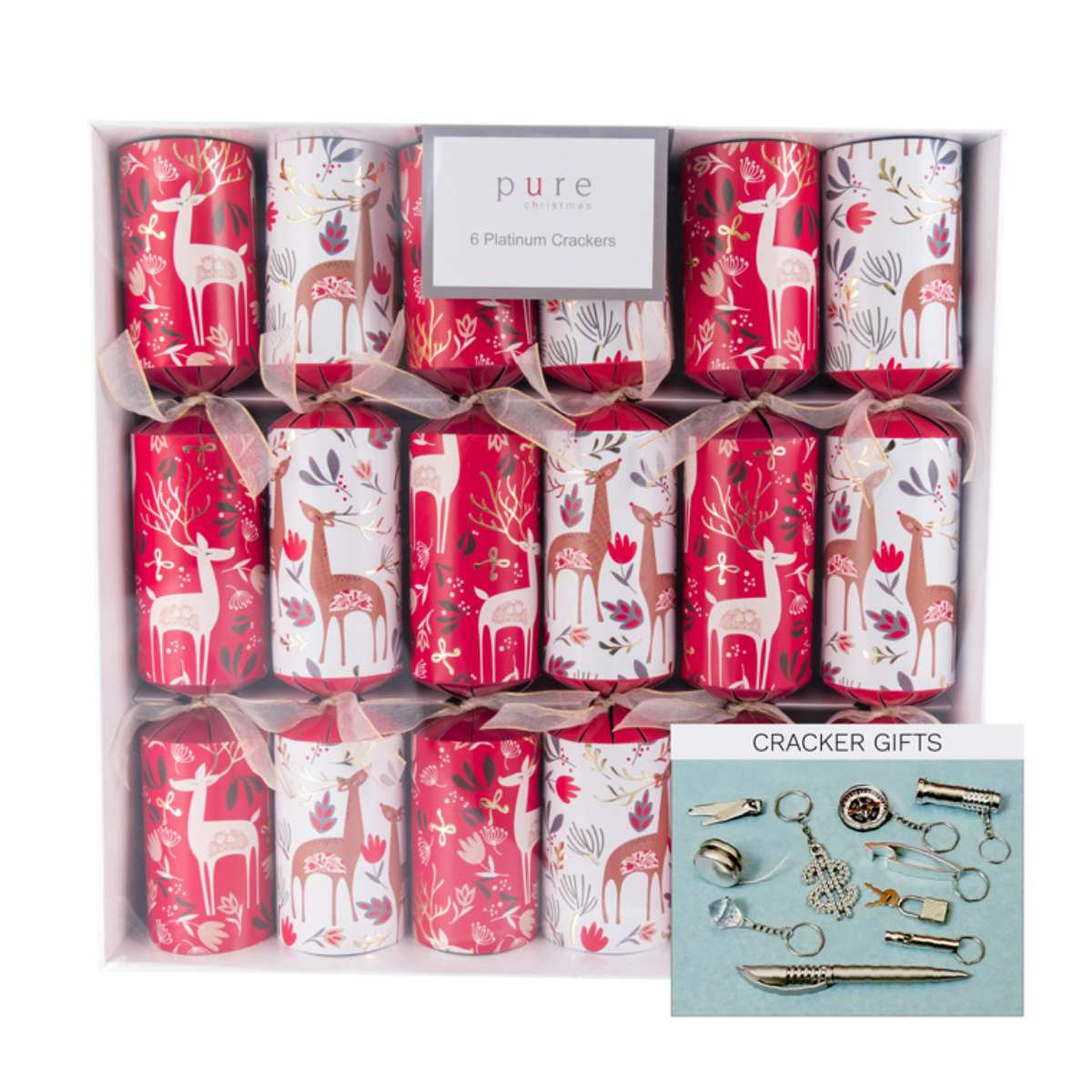 Platinum Red & White Reindeer Christmas Crackers (Pack of 6)