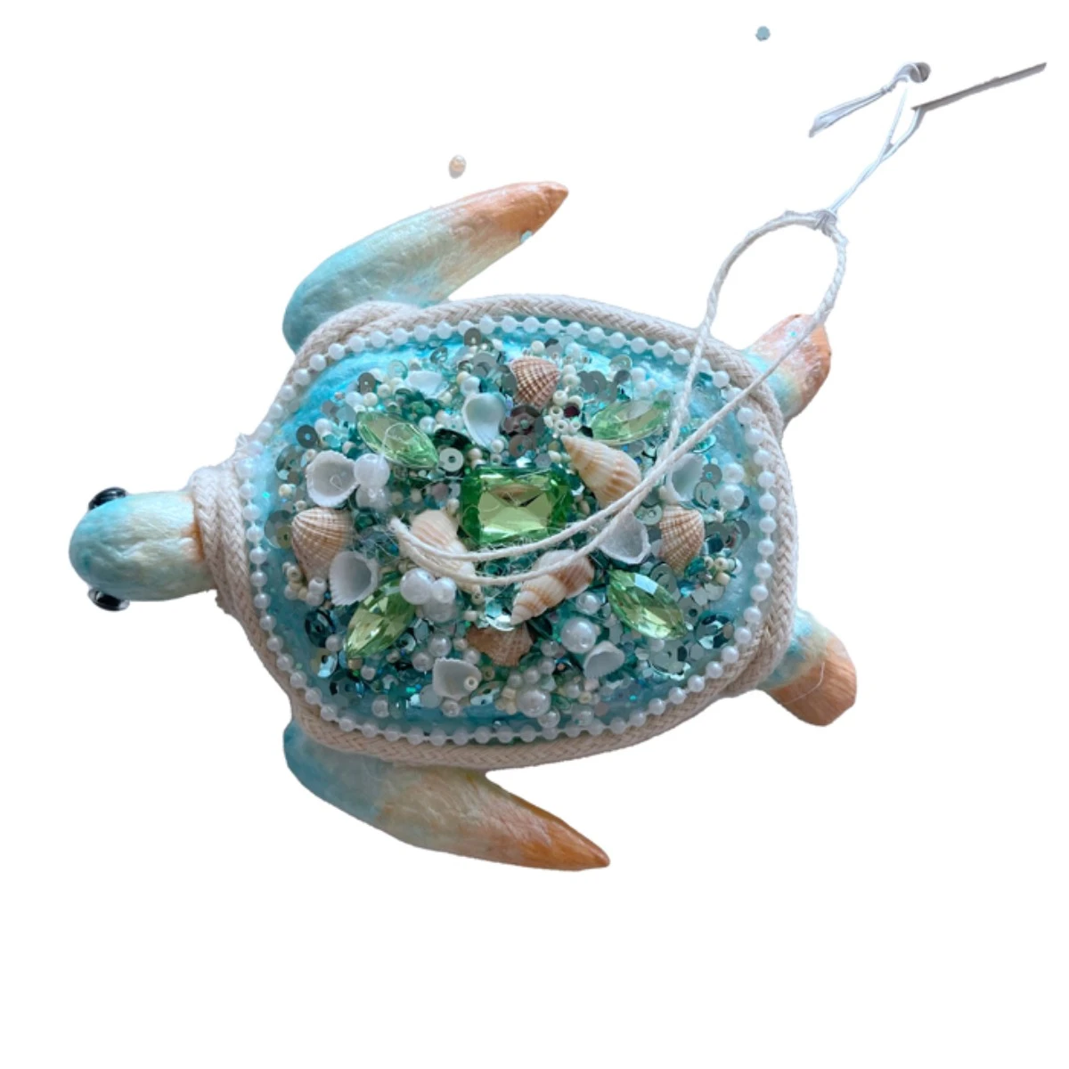 Aqua Coral Sea Turtle Hanging Decoration with Seashells & Jewels