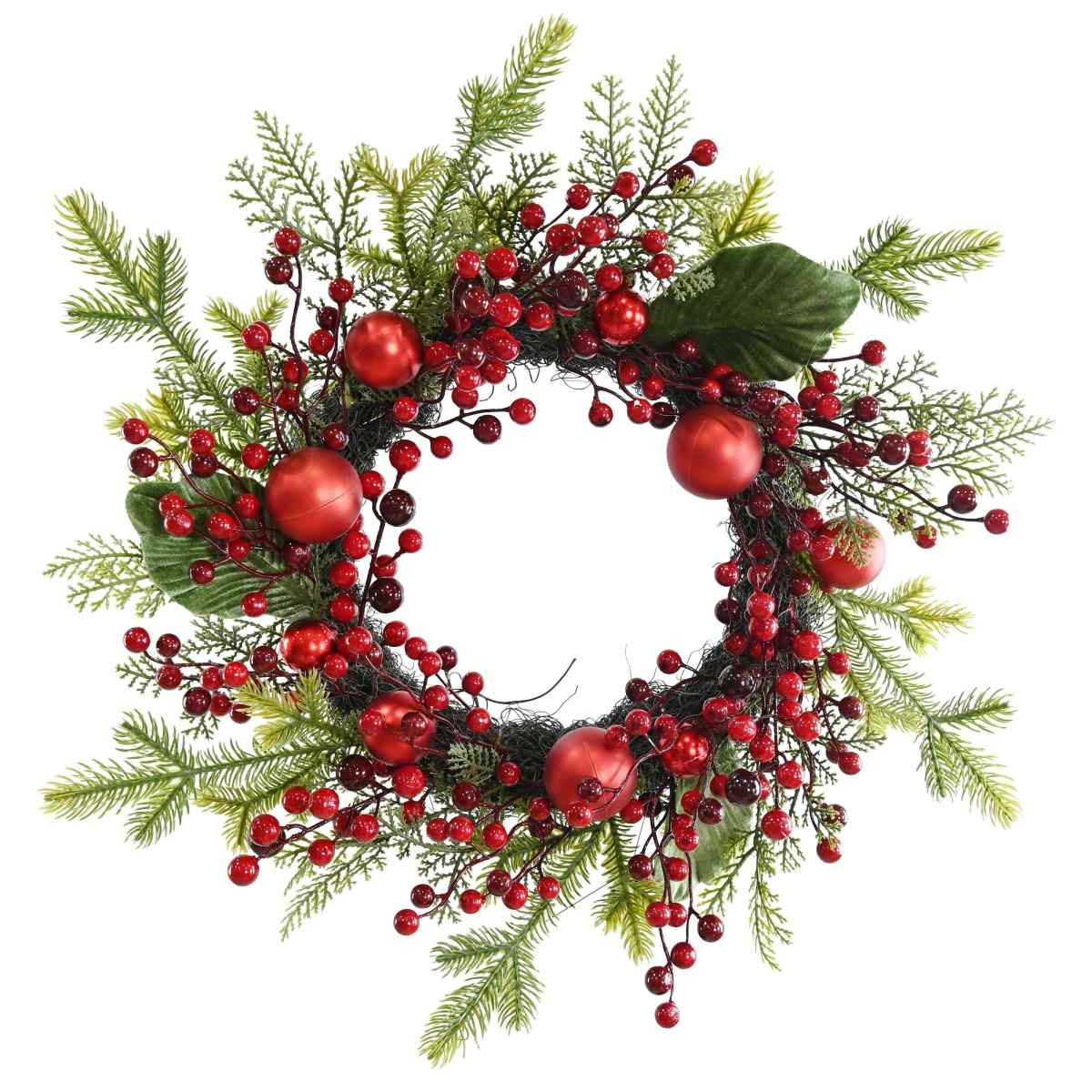 Feathered Pine, Berry & Metallic Bauble Holiday Wreath