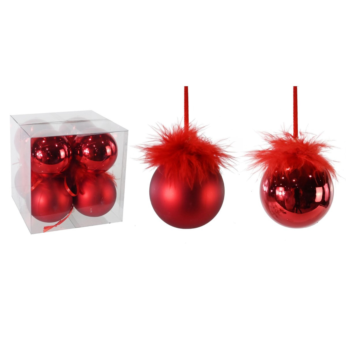 Red Fur Topped Shiny & Matte Baubles (Pack of 8)