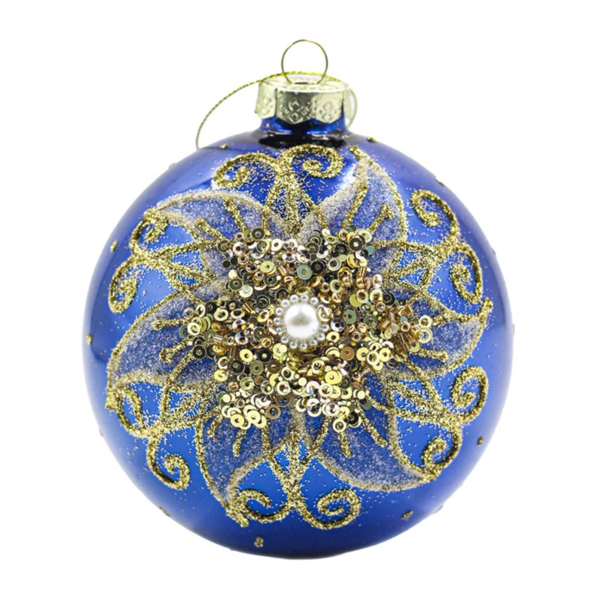 Royal Blue Glass Bauble with Gold Glitter Poinsettia