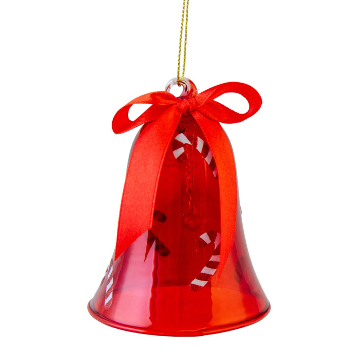 estive Red Glass Bell with Candy Cane Pattern & Ribbon