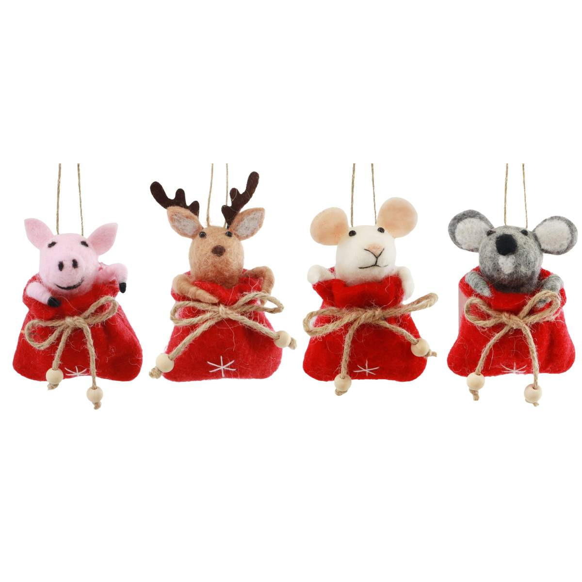 Needle-Felted Animal Character in Santa Sack Ornament (4 Styles)