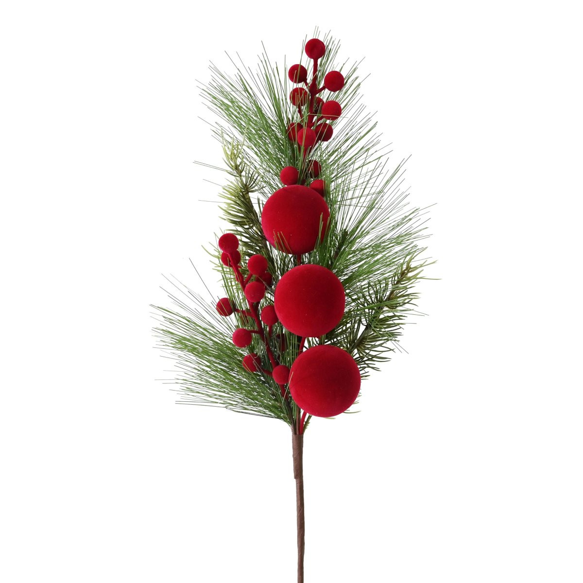 Red Flocked Berry Pine Christmas Floral Pick