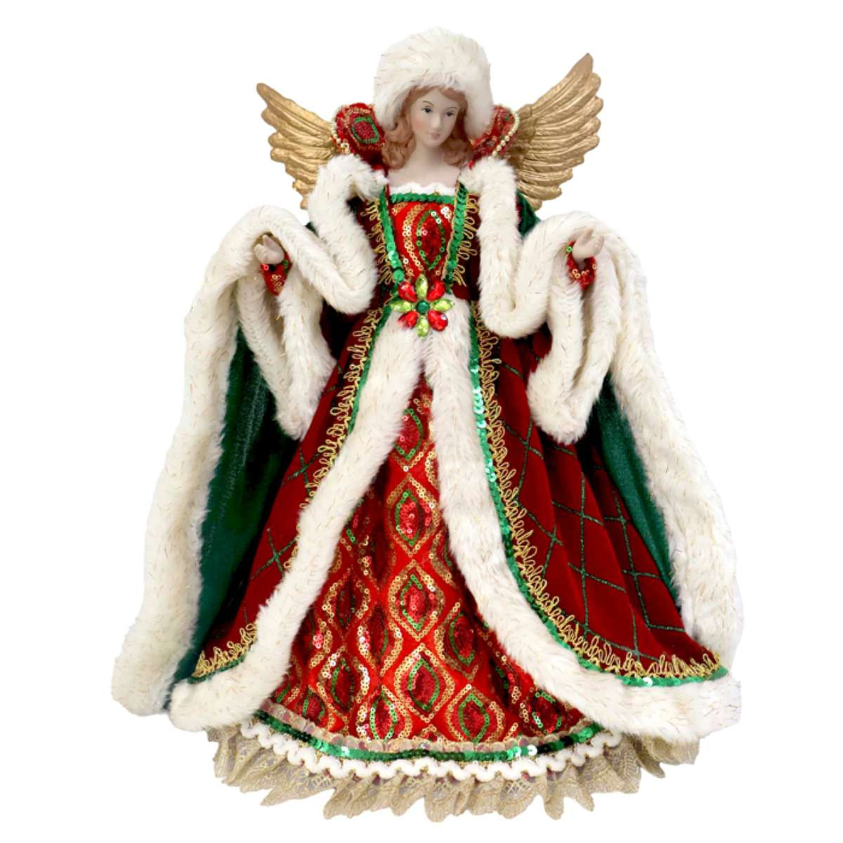 Deluxe Traditional Red Velvet & Green Fabric Angel Tree Topper
