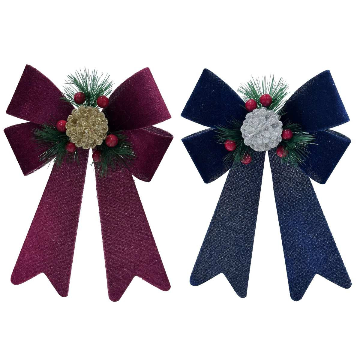 Dark Velvet Christmas Bow with Pinecone & Berries - 2 Colours