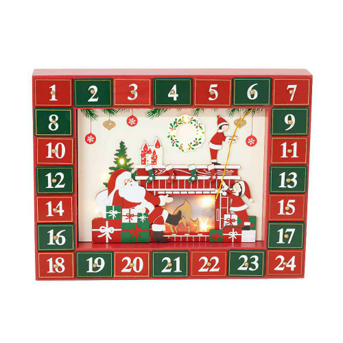 Red Christmas Advent Calendar with a scene of Santa Claus and his Christmas Elves near a fireplace (well it is cold at the North Pole). Red Christmas Advent Calendar with a scene of Santa Claus and his Christmas Elves near a fireplace (well it is cold at the North Pole).