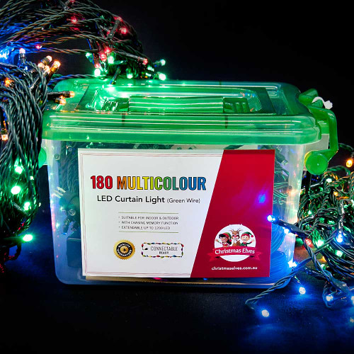 180 LED Curtain Lights Multi 2.5m x 1m - 18 Drops - Green Wire 180 LED Curtain Lights Multi 2.5m x 1m - 18 Drops - Green Wire