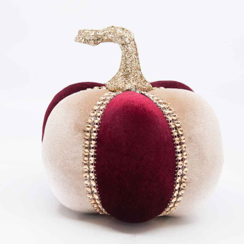 Handcrafted Jeweled Velvet Pumpkin – Burgundy & Cream Accent Piece Handcrafted Jeweled Velvet Pumpkin – Burgundy & Cream Accent Piece