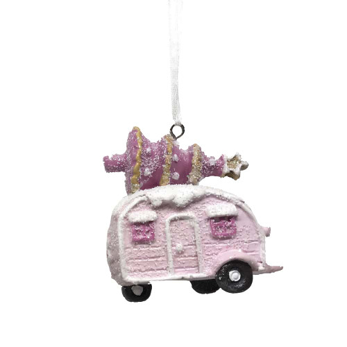 Pink Caravan with Christmas Tree Ornament Pink Caravan with Christmas Tree Ornament