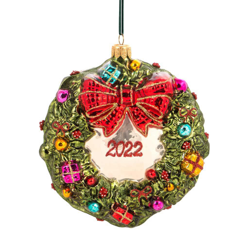 Christmas Elves Glass Christmas Wreath Dated 2022 - 12cm Christmas Elves Glass Christmas Wreath Dated 2022 - 12cm