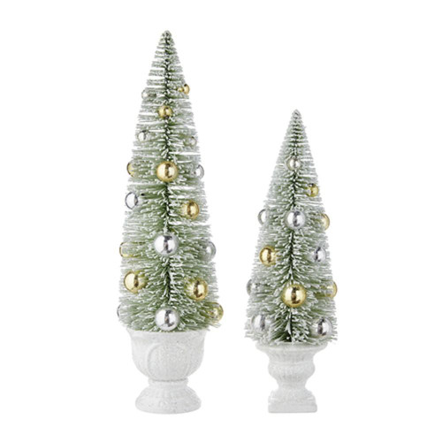 RAZ Imports Snowy Green Bottle Brush Trees With Baubles (Set of 2) RAZ Imports Snowy Green Bottle Brush Trees With Baubles (Set of 2)