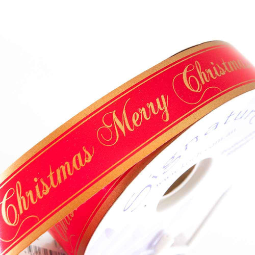 Christmas Elves Red Gold Satin Merry Christmas Ribbon - 20m Christmas Elves Red Gold Satin Merry Christmas Ribbon - 20m