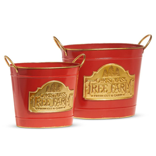 RAZ Imports Red Christmas Tree Farm Tin Buckets (Set of 2) - 28cm RAZ Imports Red Christmas Tree Farm Tin Buckets (Set of 2) - 28cm