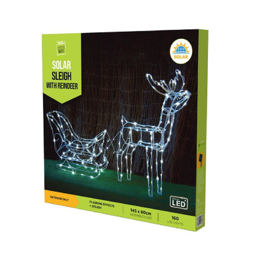Christmas Elves Solar 160 LED Sleigh with Reindeer White - 145cm Christmas Elves Solar 160 LED Sleigh with Reindeer White - 145cm