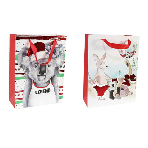 Christmas Elves Australian Cartoon Foil Giftbag (2 Styles) - 32cm Christmas Elves Australian Cartoon Foil Giftbag (2 Styles) - 32cm