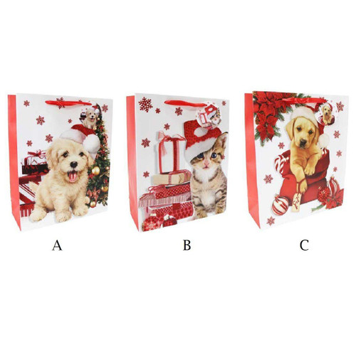 Christmas Elves Festive Pets Red Glitter Giftbag (3 Styles) - 32cm Christmas Elves Festive Pets Red Glitter Giftbag (3 Styles) - 32cm