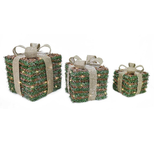 Christmas Elves LED Snowy Forest Tinsel Presents (Set of 3) - 30cm Christmas Elves LED Snowy Forest Tinsel Presents (Set of 3) - 30cm