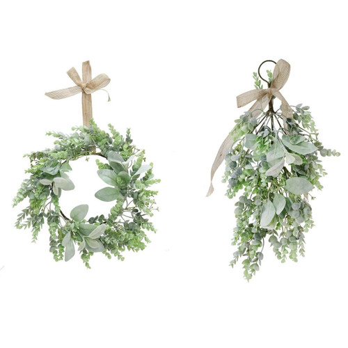 Christmas Elves Mistletoe Wreath or Spray with Natural Bow (2 Styles)  Christmas Elves Mistletoe Wreath or Spray with Natural Bow (2 Styles)