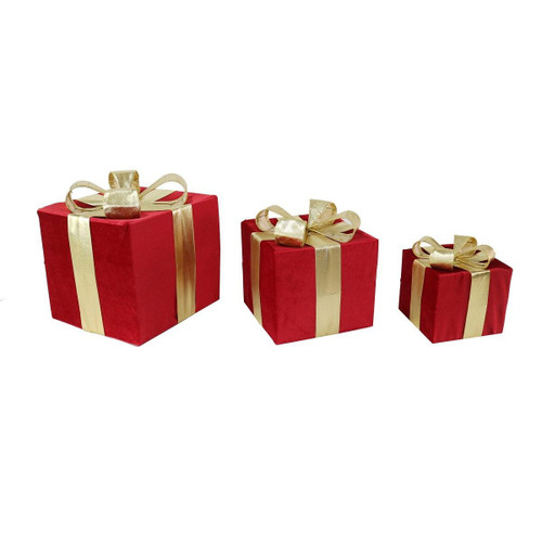 Christmas Elves Red Velvet Presents with Gold Bow (Set of 3) - 25cm Christmas Elves Red Velvet Presents with Gold Bow (Set of 3) - 25cm