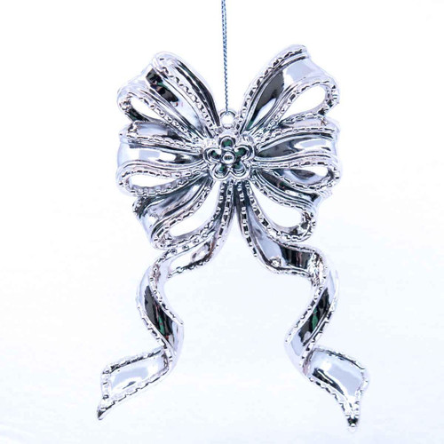 Christmas Elves  Shiny Silver Double Bow Ornament - 14cm 