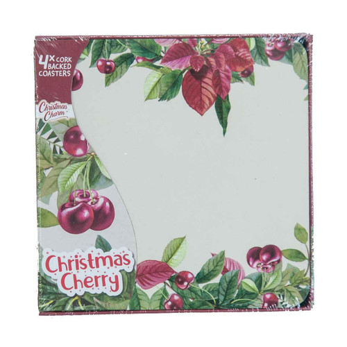 Christmas Elves Poinsettia and Cherries Coaster (Set of 4) - 10cm  Christmas Elves Poinsettia and Cherries Coaster (Set of 4) - 10cm