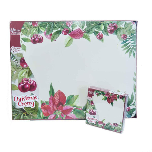 Christmas Elves Poinsettia and Cherries Placemats (Set of 4) - 34cm  Christmas Elves Poinsettia and Cherries Placemats (Set of 4) - 34cm