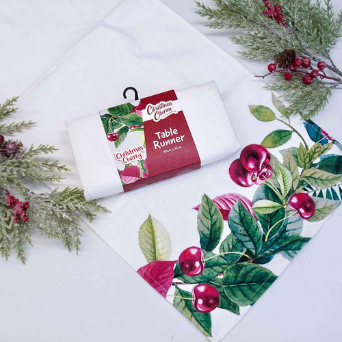 Christmas Elves Poinsettia and Cherries Table Runner - 182cm Christmas Elves Poinsettia and Cherries Table Runner - 182cm