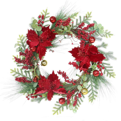 Christmas Elves Red Velvet Poinsettia Bauble Wreath - 55cm Christmas Elves Red Velvet Poinsettia Bauble Wreath - 55cm