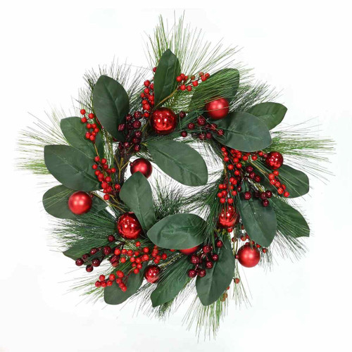 Christmas Elves Burgundy Magnolia with Red Berries and Baubles Wreath - 55cm Christmas Elves Burgundy Magnolia with Red Berries and Baubles Wreath - 55cm