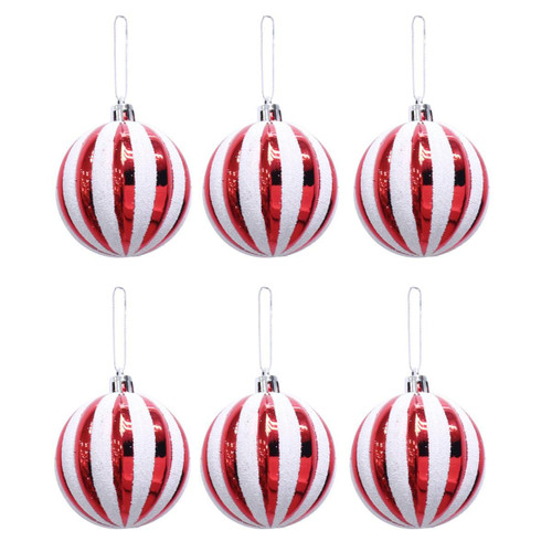 Christmas Elves Candy Cane Ribbed Baubles (Pack of 6) - 60mm Christmas Elves Candy Cane Ribbed Baubles (Pack of 6) - 60mm