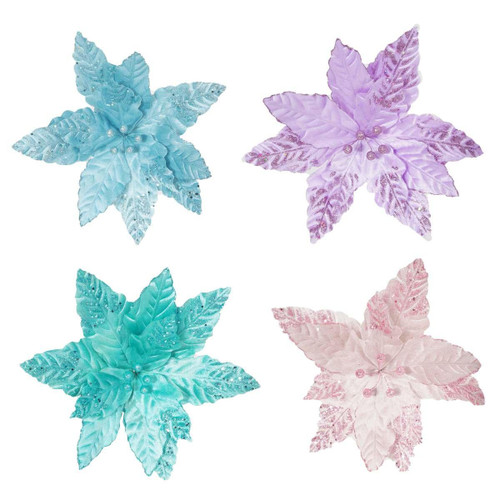 Four poinsettia ornaments in pastel colour. Each poinsettia has the same design featuring detailed leaf/petal textures with glitter accents and small beaded centres, available in four unique colours:
Top left: Light blue/ice blue
Top right: Soft lavender/lilac purple
Bottom left: Aqua/turquoise
Bottom right: Pale pink/blush pink
Each poinsettia is made of a soft fabric material with a metallic glitter finish on the leaf veins and edges. They all have a similar 6-pointed star shape with layered petals and are decorative pieces that could be used as Christmas ornaments or floral accents.
The poinsettias are photographed against a white background, making their pastel colours stand out clearly. Four poinsettia ornaments in pastel colour. Each poinsettia has the same design featuring detailed leaf/petal textures with glitter accents and small beaded centres, available in four unique colours:
Top left: Light blue/ice blue
Top right: Soft lavender/lilac purple
Bottom left: Aqua/turquoise
Bottom right: Pale pink/blush pink
Each poinsettia is made of a soft fabric material with a metallic glitter finish on the leaf veins and edges. They all have a similar 6-pointed star shape with layered petals and are decorative pieces that could be used as Christmas ornaments or floral accents.
The poinsettias are photographed against a white background, making their pastel colours stand out clearly.