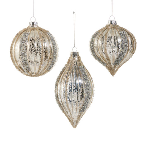 RAZ Imports 3 Styles Mercury Glass Glitter Stripe Hanging Ornament RAZ Imports 3 Styles Mercury Glass Glitter Stripe Hanging Ornament