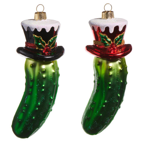 Festive Pickle with Top Hat Glass Ornament