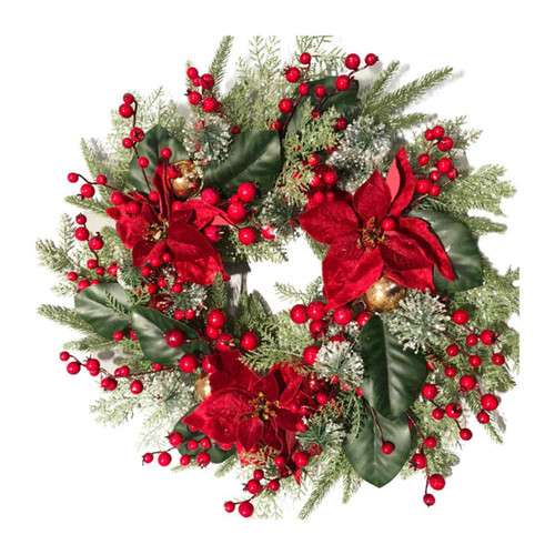 Deluxe Pine Christmas Wreath with Red Berries & Poinsettias Deluxe Pine Christmas Wreath with Red Berries & Poinsettias