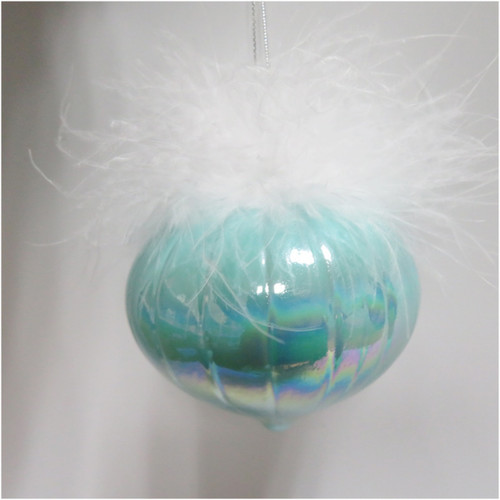 Cyan Glass Ornament with Plush Feather Crown Cyan Glass Ornament with Plush Feather Crown