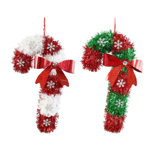 Tinsel Candy Cane with Bow Hanging Decoration – 2 Styles