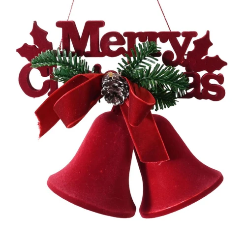 Red Flock and Pine Merry Christmas Bell Hanging Sign