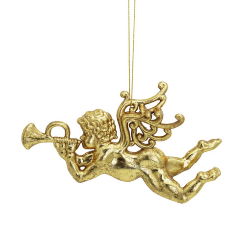 Ornate Gold Leaping Cherub Decoration with Trumpet Accent