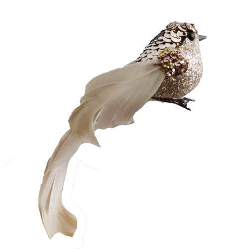 Elegant Champagne Gold Sequin & Glitter Clip-On Bird