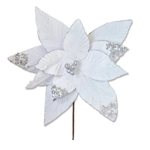 Deluxe Jumbo White Velvet Poinsettia Flower Pick with Sequin & Glitter Accents